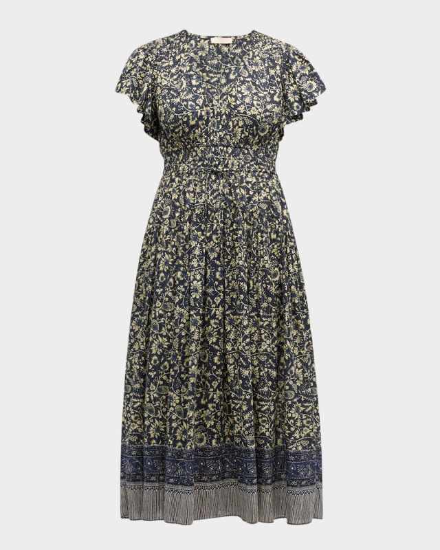 Lyria Flutter-Sleeve Floral Midi Dress